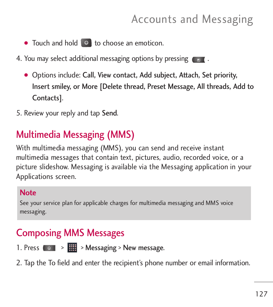 Accounts and messaging, Multimedia messaging (mms), Composing mms messages | LG LGL55C User Manual | Page 129 / 506