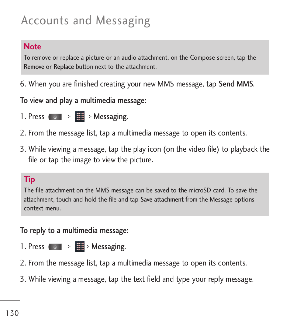 Accounts and messaging | LG LGL55C User Manual | Page 132 / 506