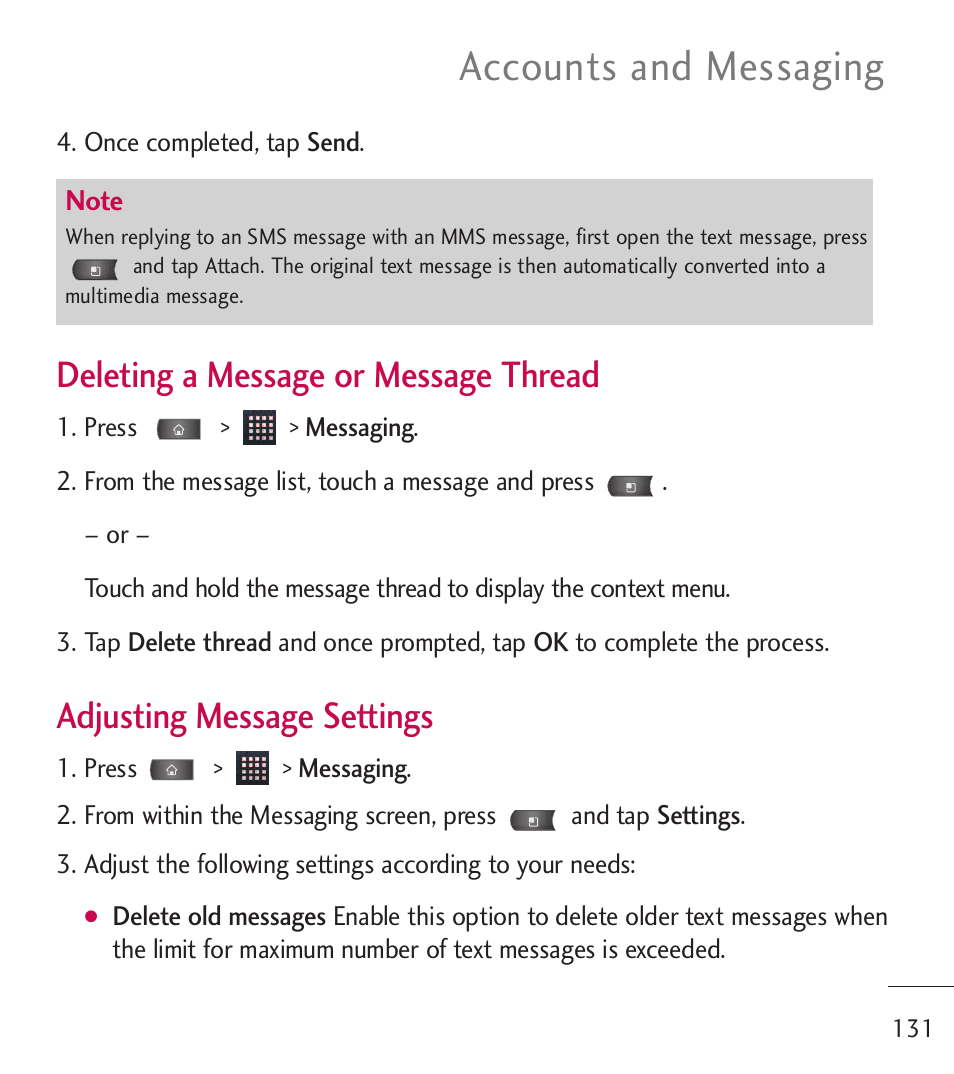 Accounts and messaging, Deleting a message or message thread, Adjusting message settings | LG LGL55C User Manual | Page 133 / 506