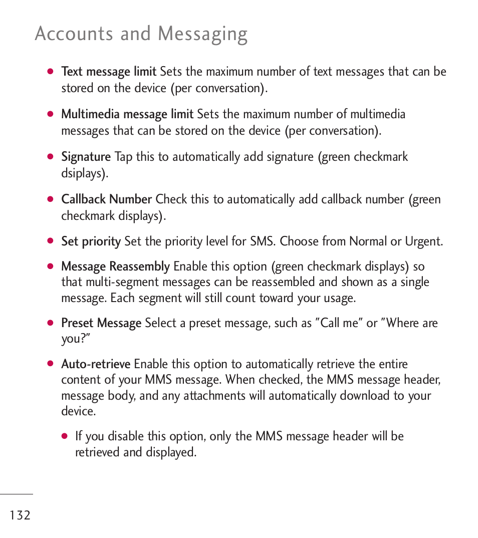 Accounts and messaging | LG LGL55C User Manual | Page 134 / 506