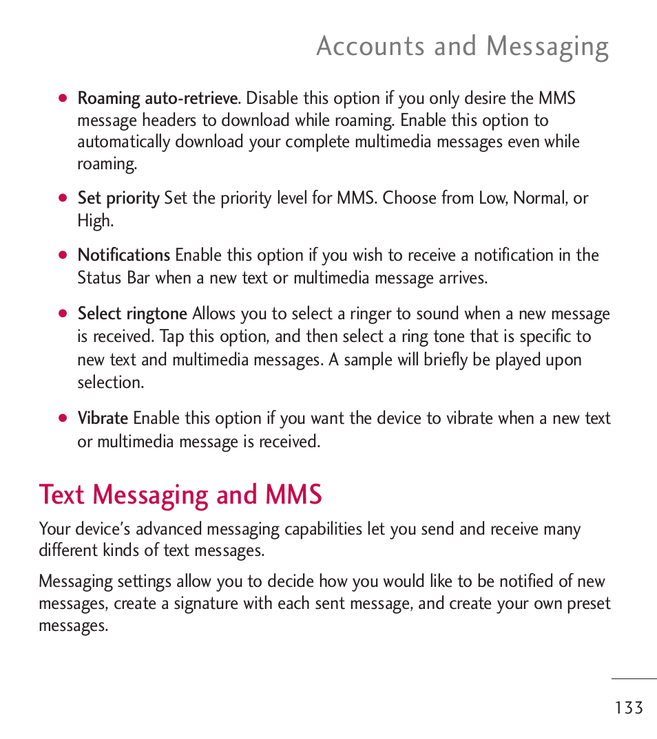 Text messaging and mms, Accounts and messaging | LG LGL55C User Manual | Page 135 / 506