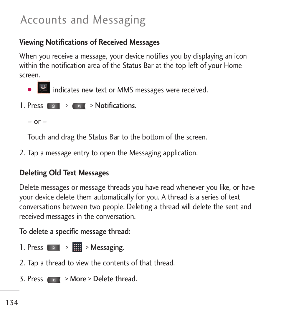 Accounts and messaging | LG LGL55C User Manual | Page 136 / 506