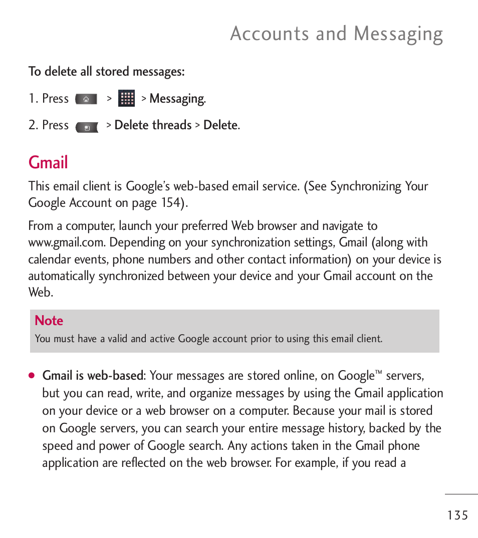 Accounts and messaging, Gmail | LG LGL55C User Manual | Page 137 / 506