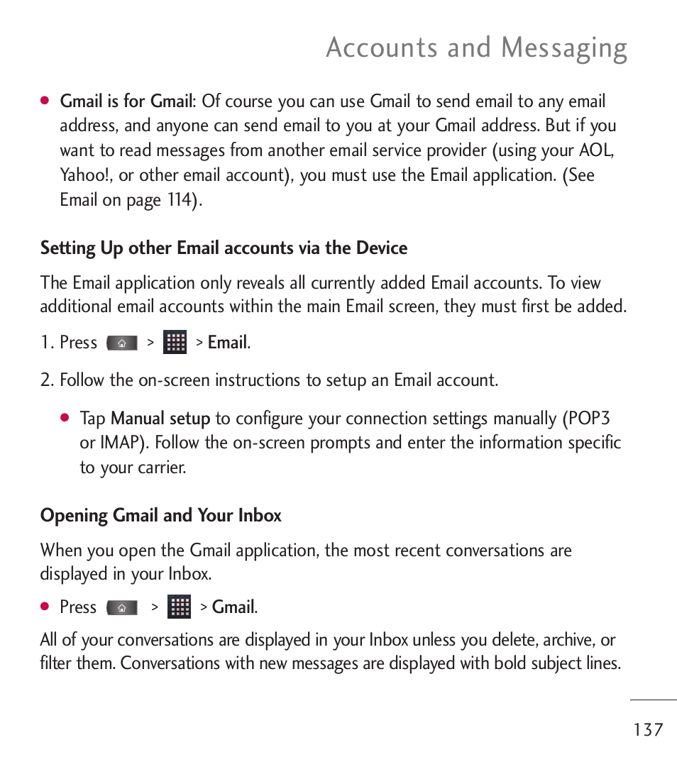 Accounts and messaging | LG LGL55C User Manual | Page 139 / 506