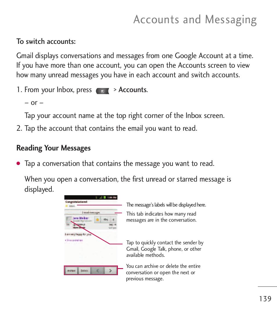 Accounts and messaging | LG LGL55C User Manual | Page 141 / 506