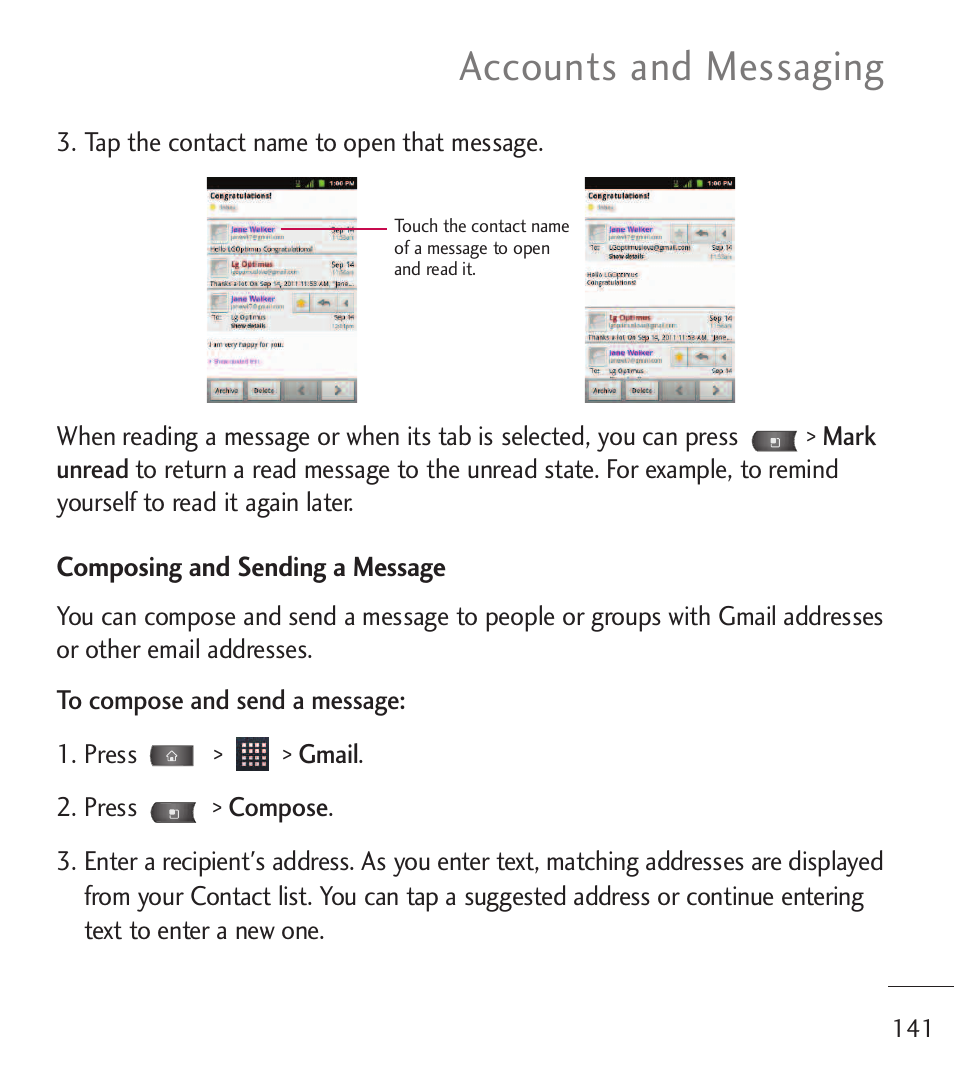 Accounts and messaging | LG LGL55C User Manual | Page 143 / 506