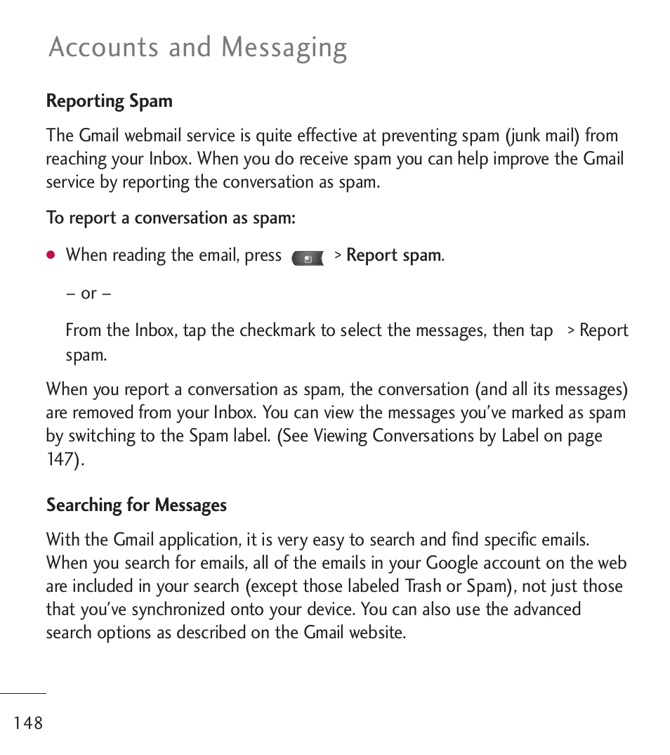 Accounts and messaging | LG LGL55C User Manual | Page 150 / 506