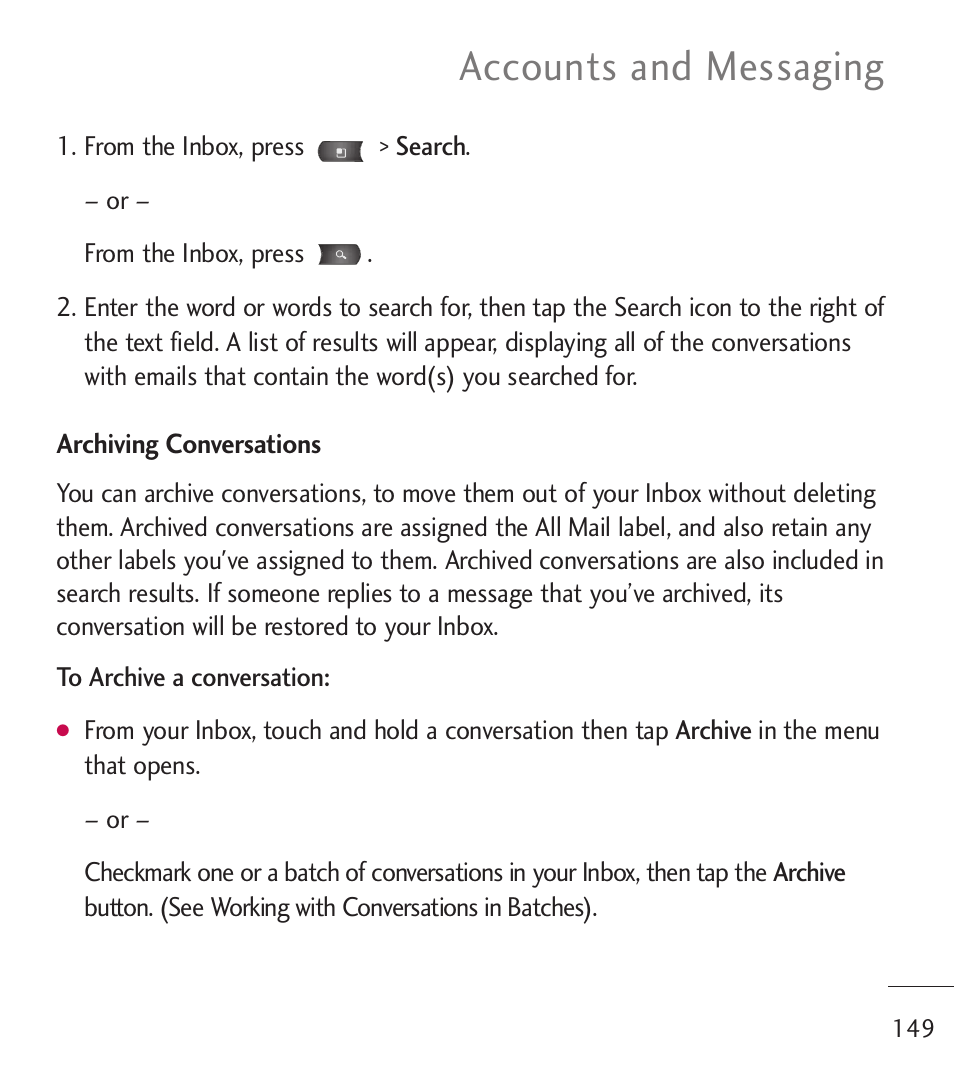 Accounts and messaging | LG LGL55C User Manual | Page 151 / 506