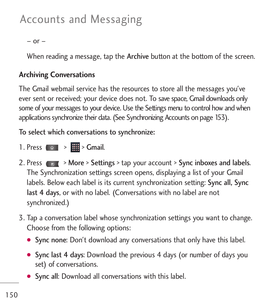 Accounts and messaging | LG LGL55C User Manual | Page 152 / 506