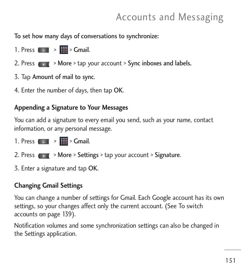 Accounts and messaging | LG LGL55C User Manual | Page 153 / 506