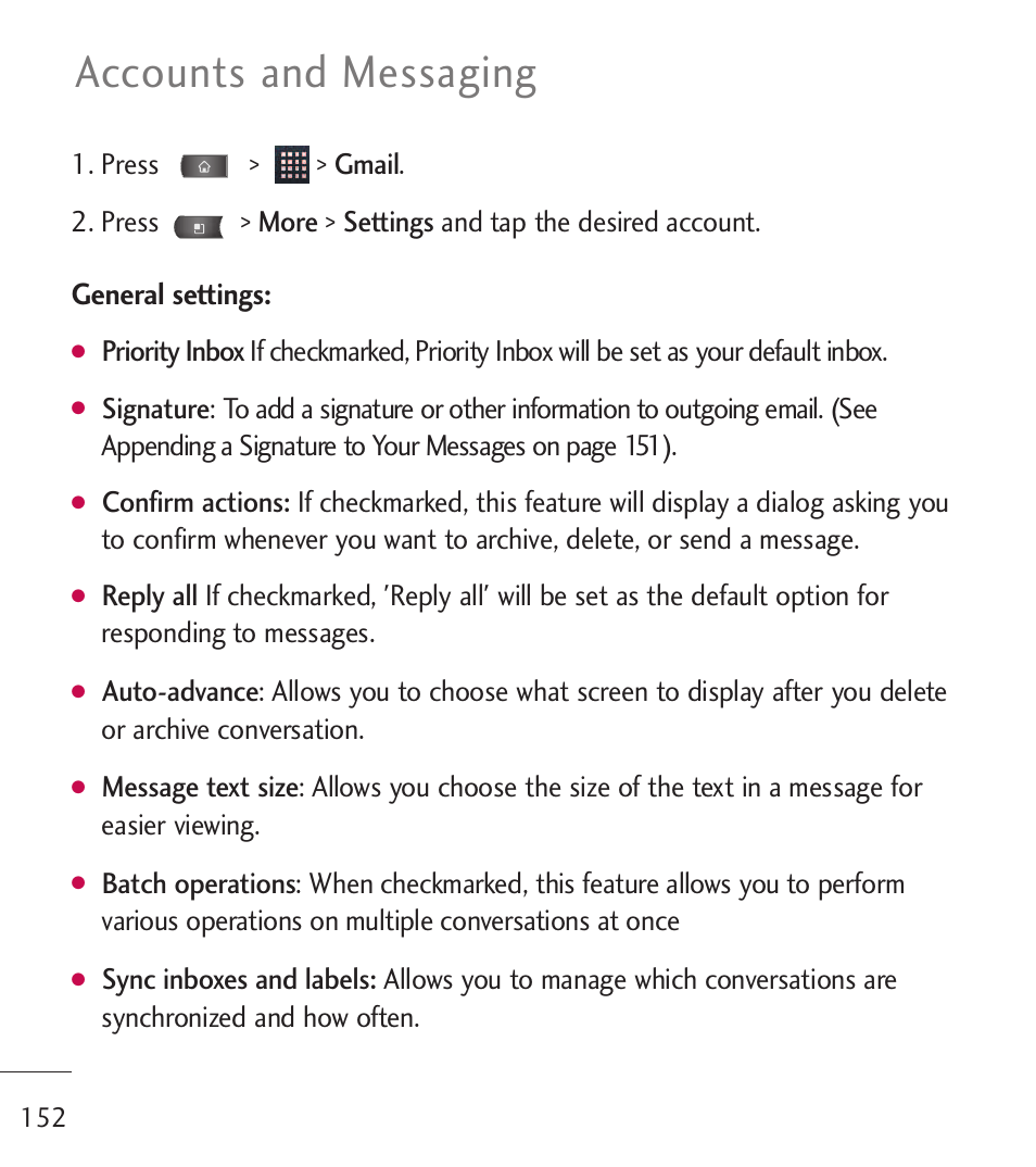 Accounts and messaging, General settings | LG LGL55C User Manual | Page 154 / 506