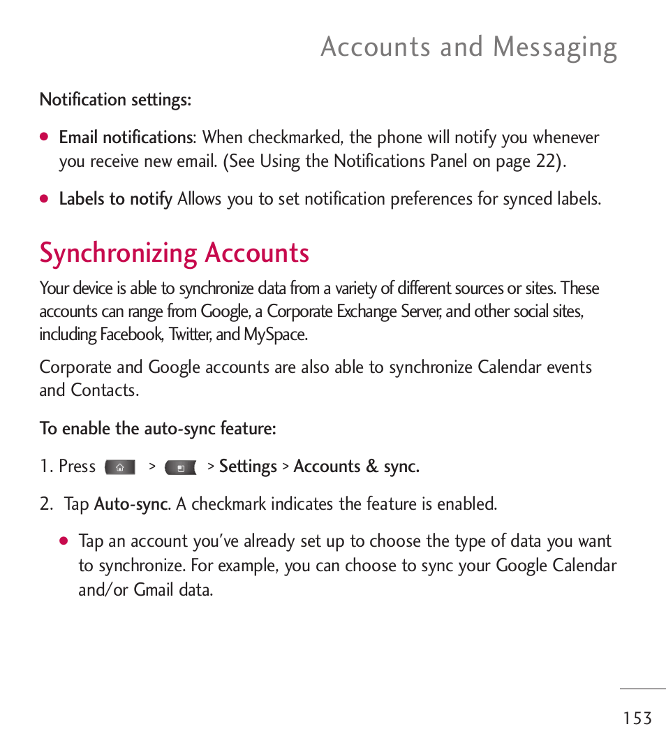 Synchronizing accounts, Accounts and messaging | LG LGL55C User Manual | Page 155 / 506