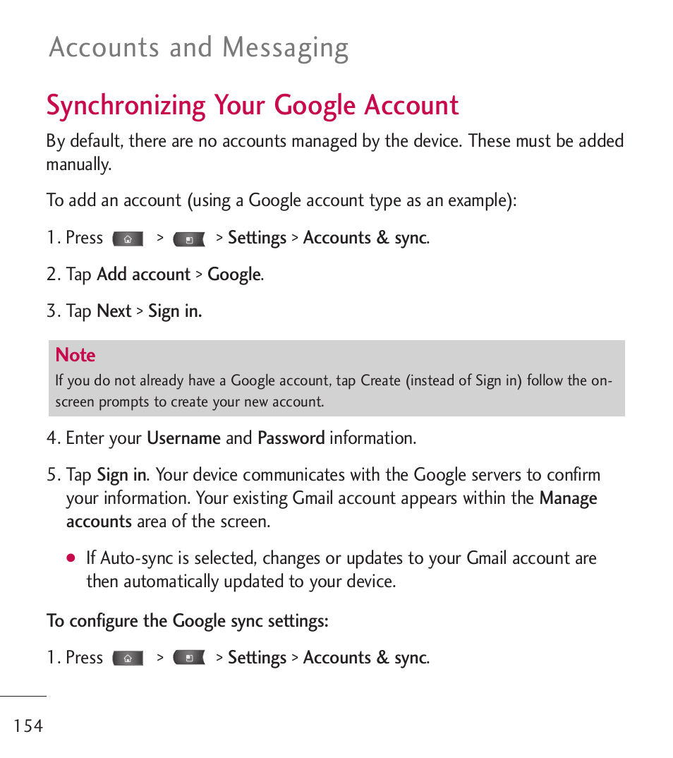 Synchronizing your google a, Synchronizing your google, Account | Synchronizing your google account, Accounts and messaging | LG LGL55C User Manual | Page 156 / 506