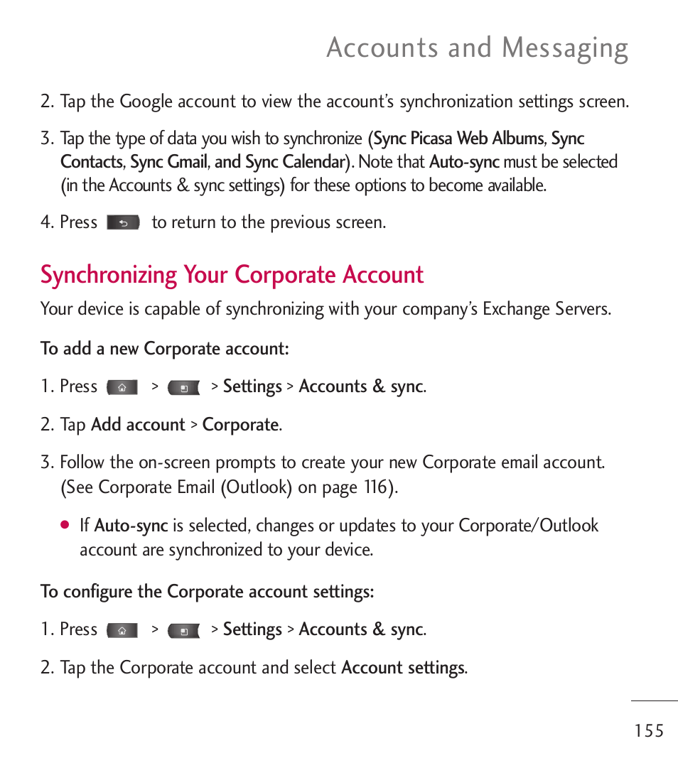 Accounts and messaging, Synchronizing your corporate account | LG LGL55C User Manual | Page 157 / 506