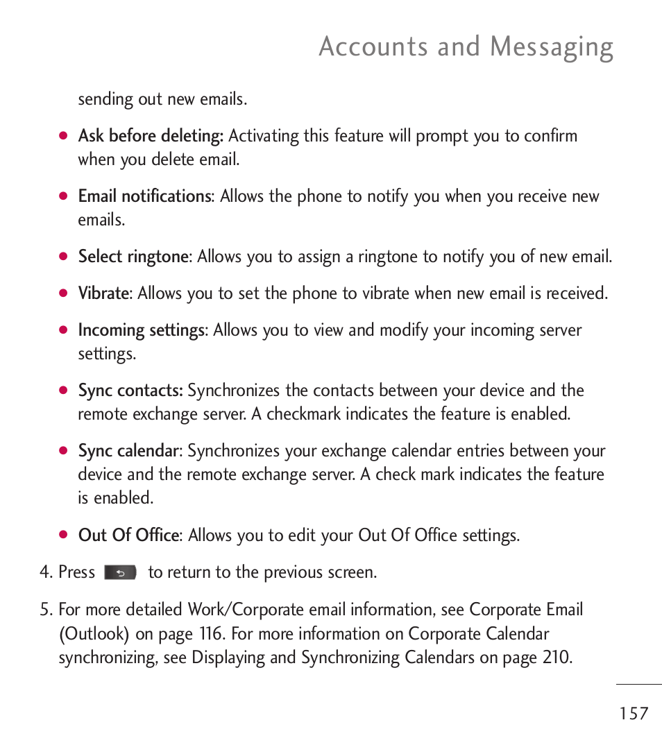 Accounts and messaging | LG LGL55C User Manual | Page 159 / 506