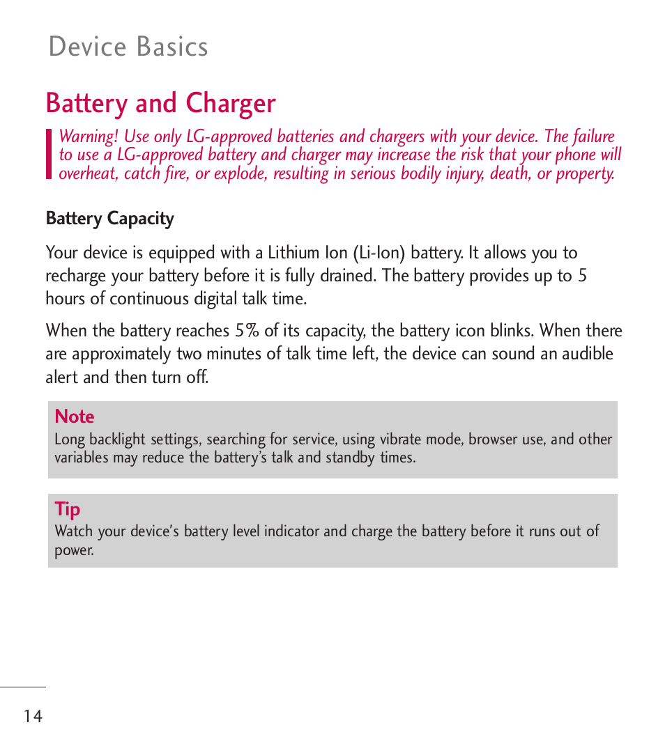 Battery and charger, Device basics battery and charger | LG LGL55C User Manual | Page 16 / 506