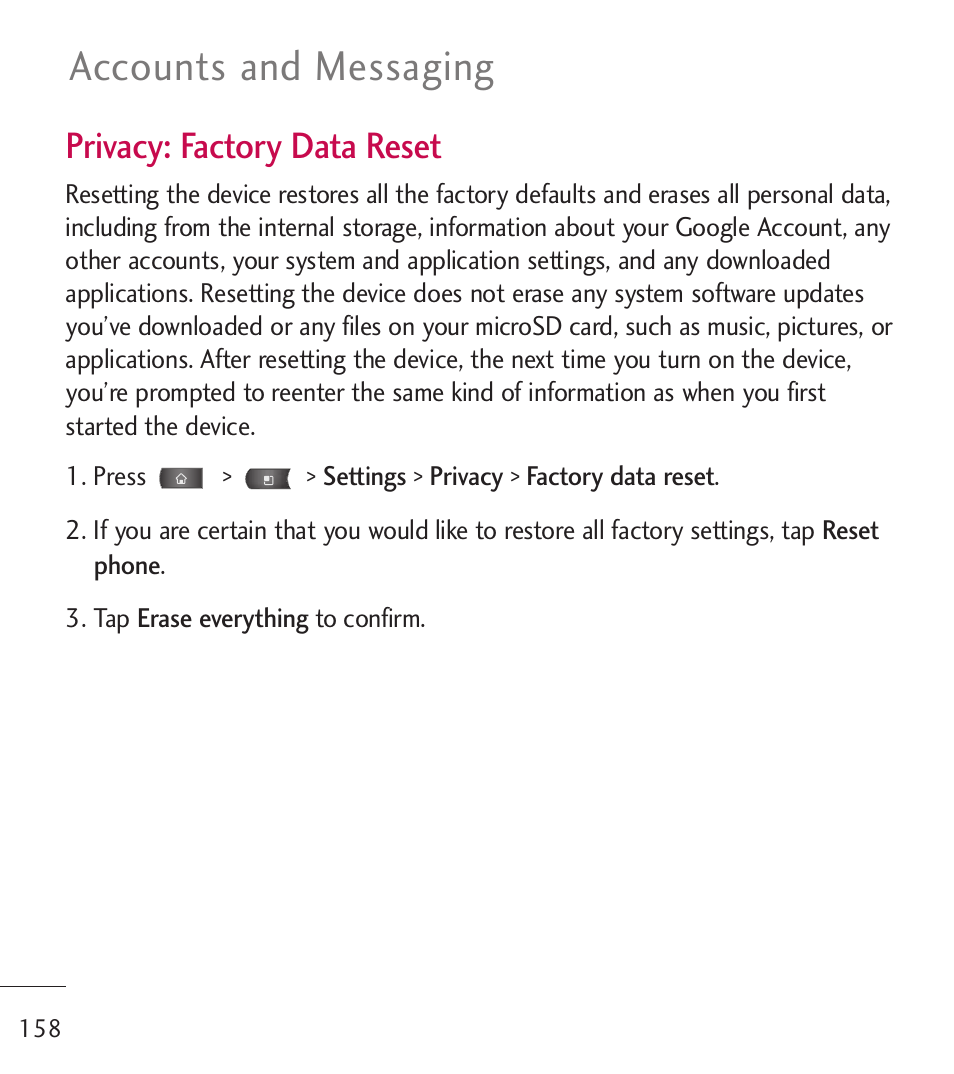 Accounts and messaging, Privacy: factory data reset | LG LGL55C User Manual | Page 160 / 506