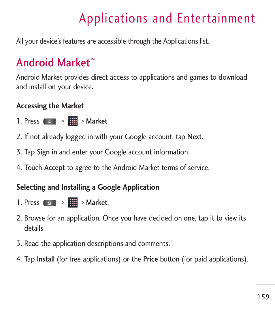 Applications and entertainment, Android market, Applications and | Entertainment, Applications and entertainment | LG LGL55C User Manual | Page 161 / 506