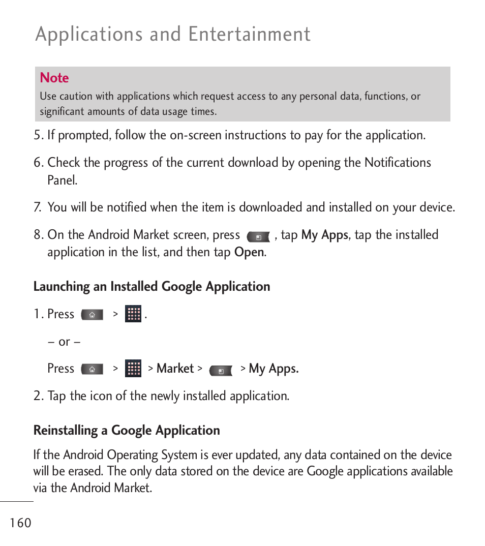 Applications and entertainment | LG LGL55C User Manual | Page 162 / 506