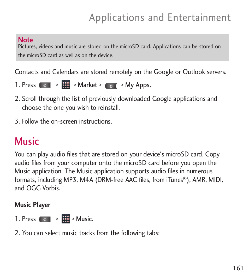 Music, Applications and entertainment | LG LGL55C User Manual | Page 163 / 506