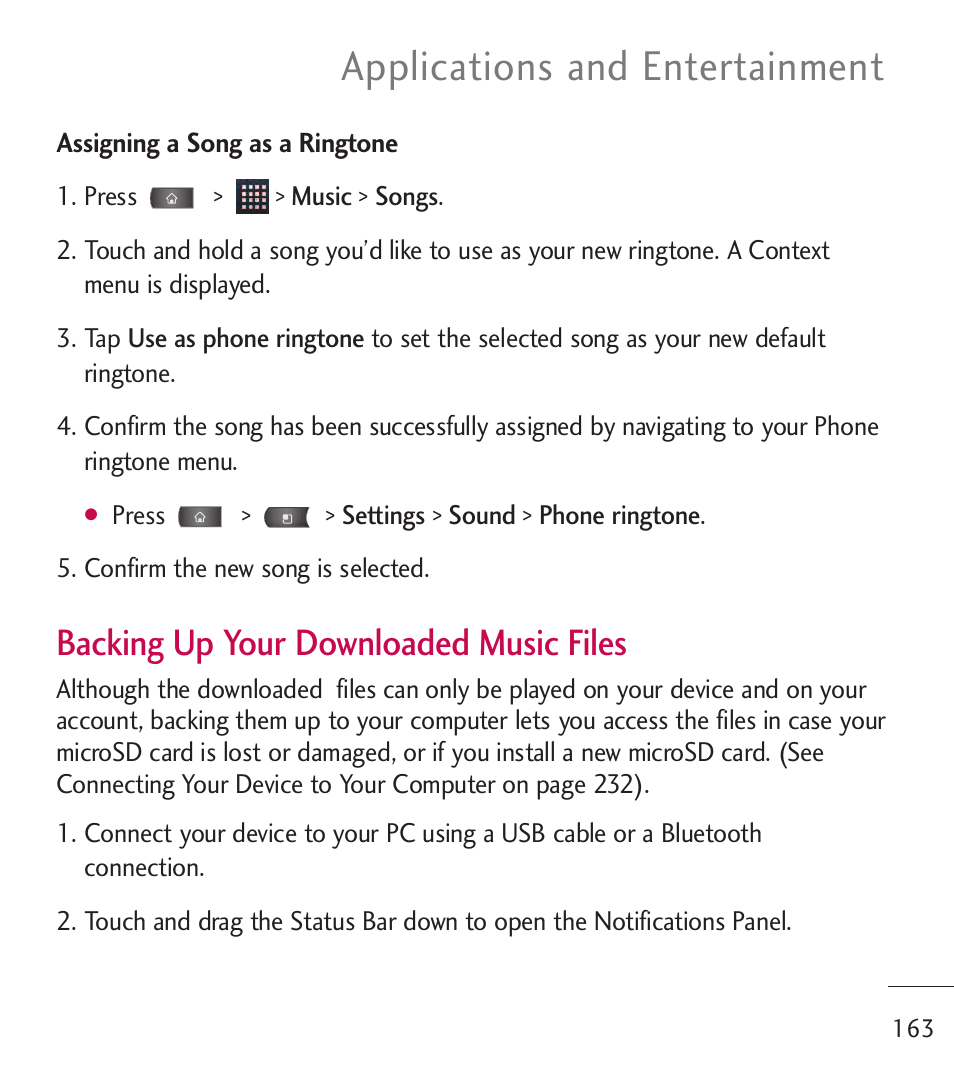 Applications and entertainment, Backing up your downloaded music files | LG LGL55C User Manual | Page 165 / 506