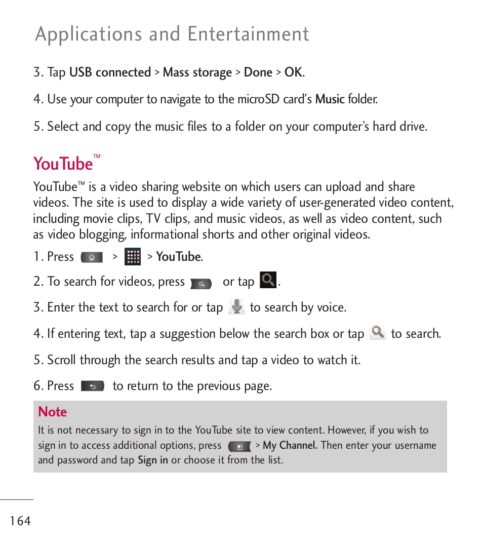 Applications and entertainment, Youtube | LG LGL55C User Manual | Page 166 / 506