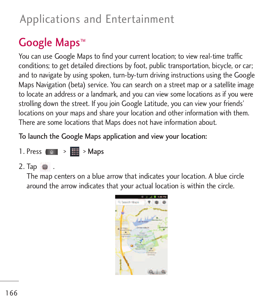 Google maps, Applications and entertainment | LG LGL55C User Manual | Page 168 / 506