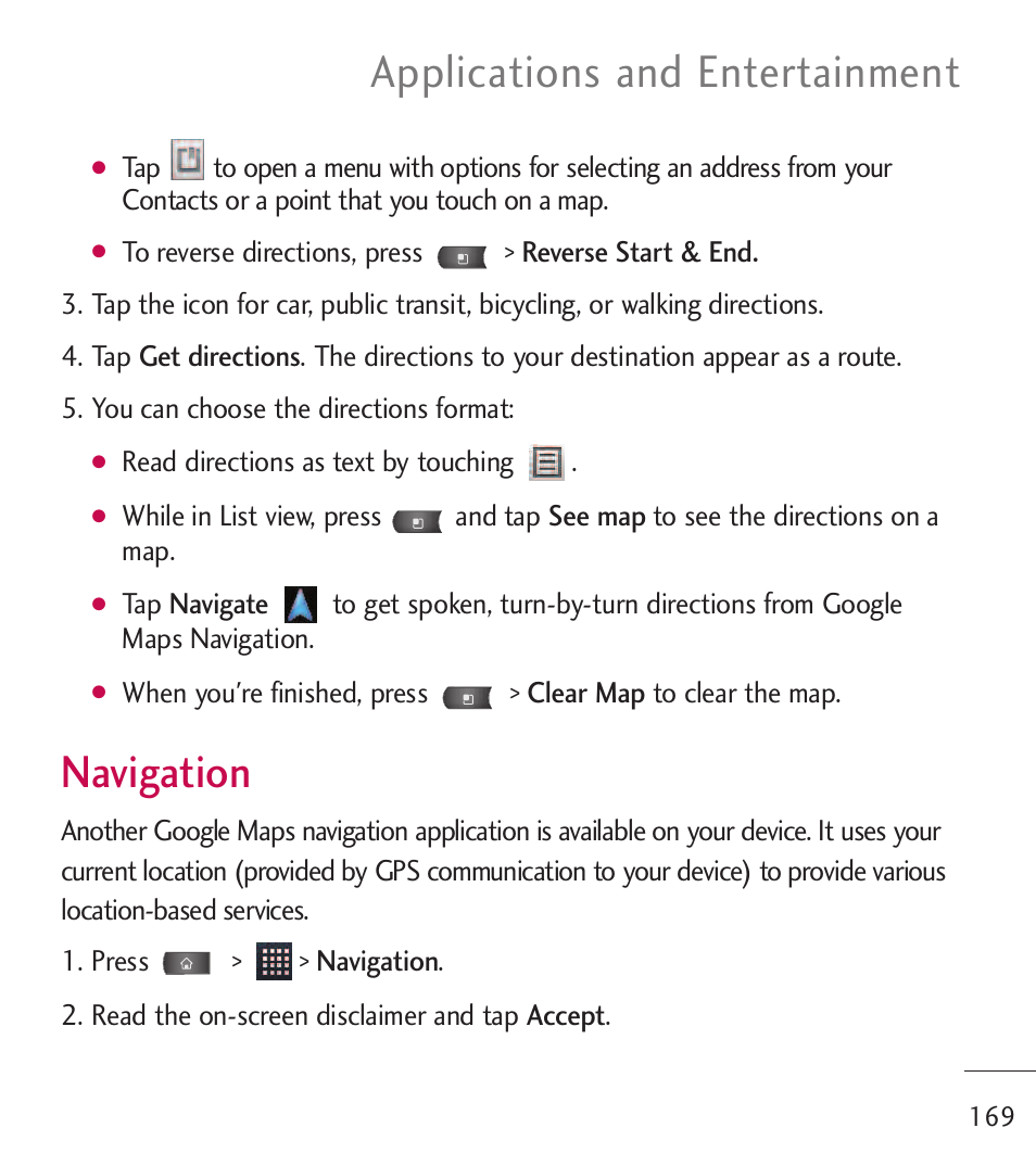 Navigation, Applications and entertainment | LG LGL55C User Manual | Page 171 / 506