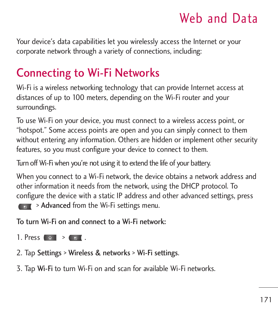 Connecting to wi-fi networks, Web and data | LG LGL55C User Manual | Page 173 / 506