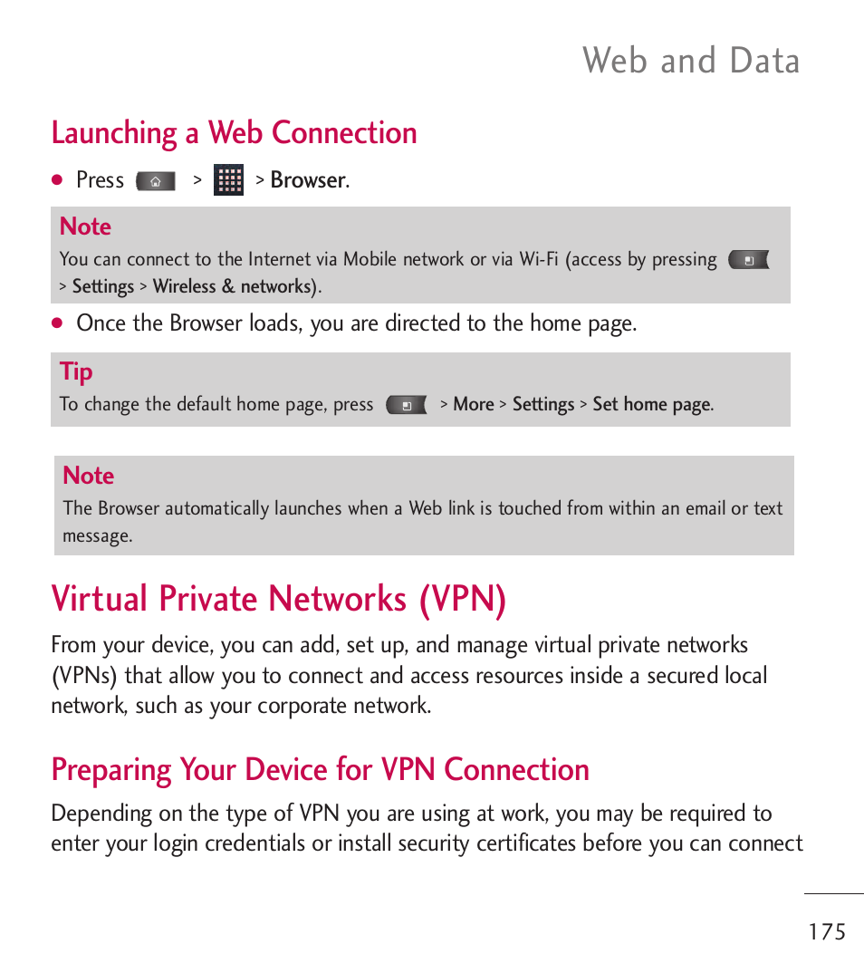 Virtual private networks (vpn), Virtual private networks (vpn) 175, Web and data | Launching a web connection, Preparing your device for vpn connection | LG LGL55C User Manual | Page 177 / 506