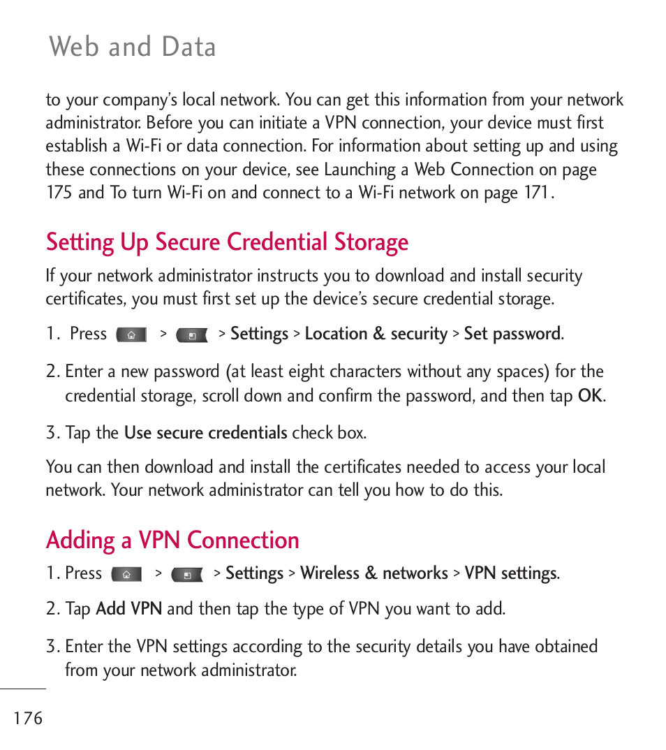 Web and data, Setting up secure credential storage, Adding a vpn connection | LG LGL55C User Manual | Page 178 / 506