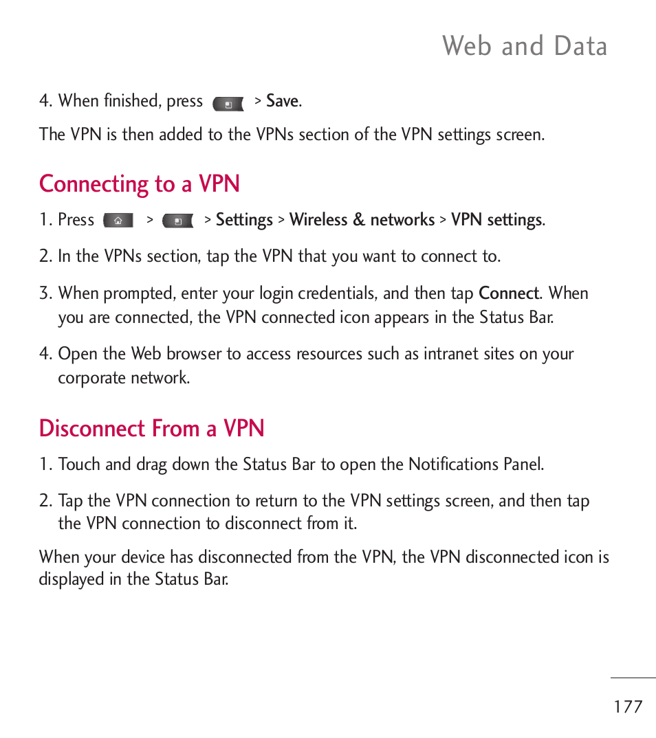 Web and data, Connecting to a vpn, Disconnect from a vpn | LG LGL55C User Manual | Page 179 / 506