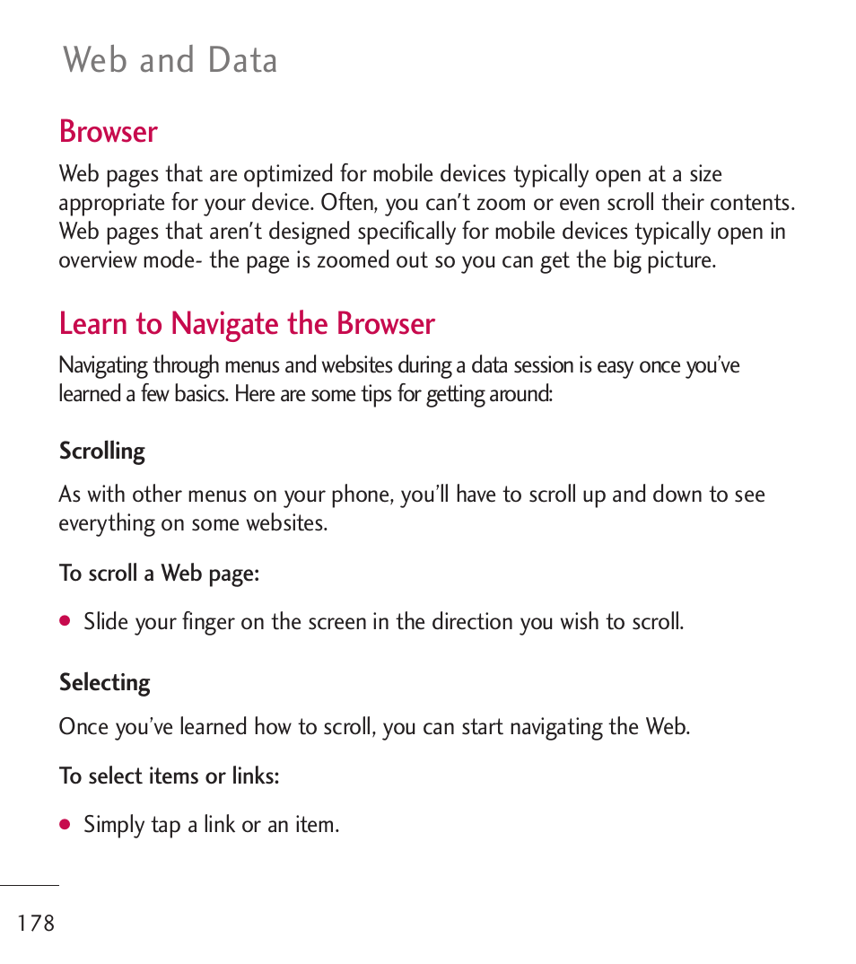 Web and data, Browser, Learn to navigate the browser | LG LGL55C User Manual | Page 180 / 506