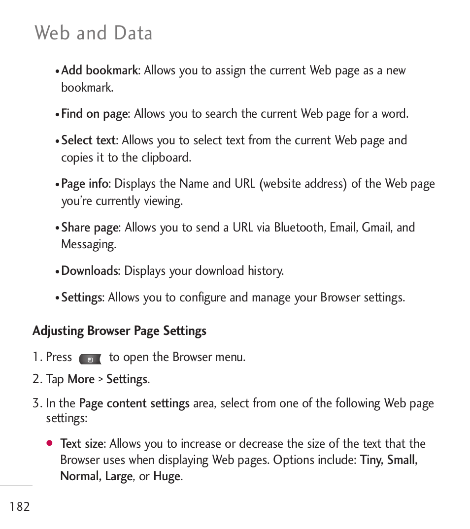 Web and data, Adjusting browser page settings, Downloads: displays your download history | LG LGL55C User Manual | Page 184 / 506