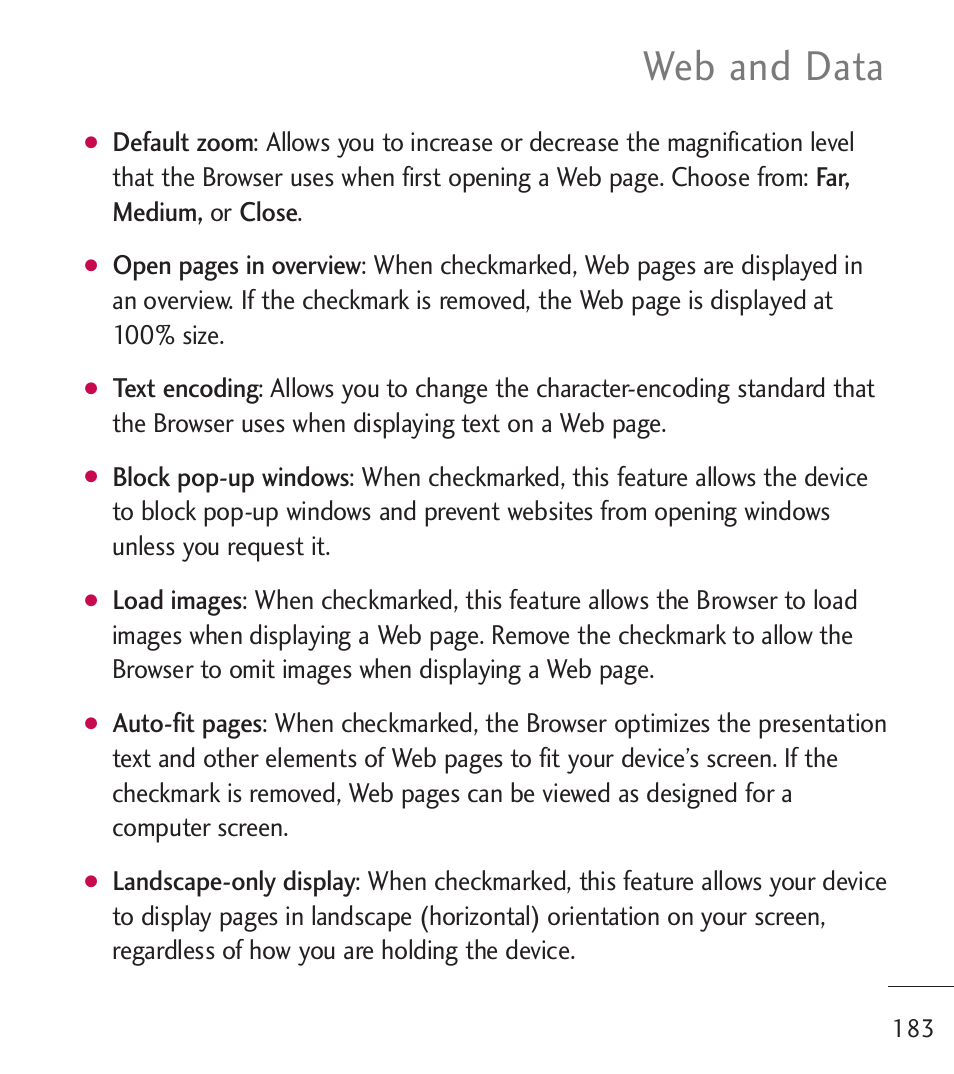 Web and data | LG LGL55C User Manual | Page 185 / 506