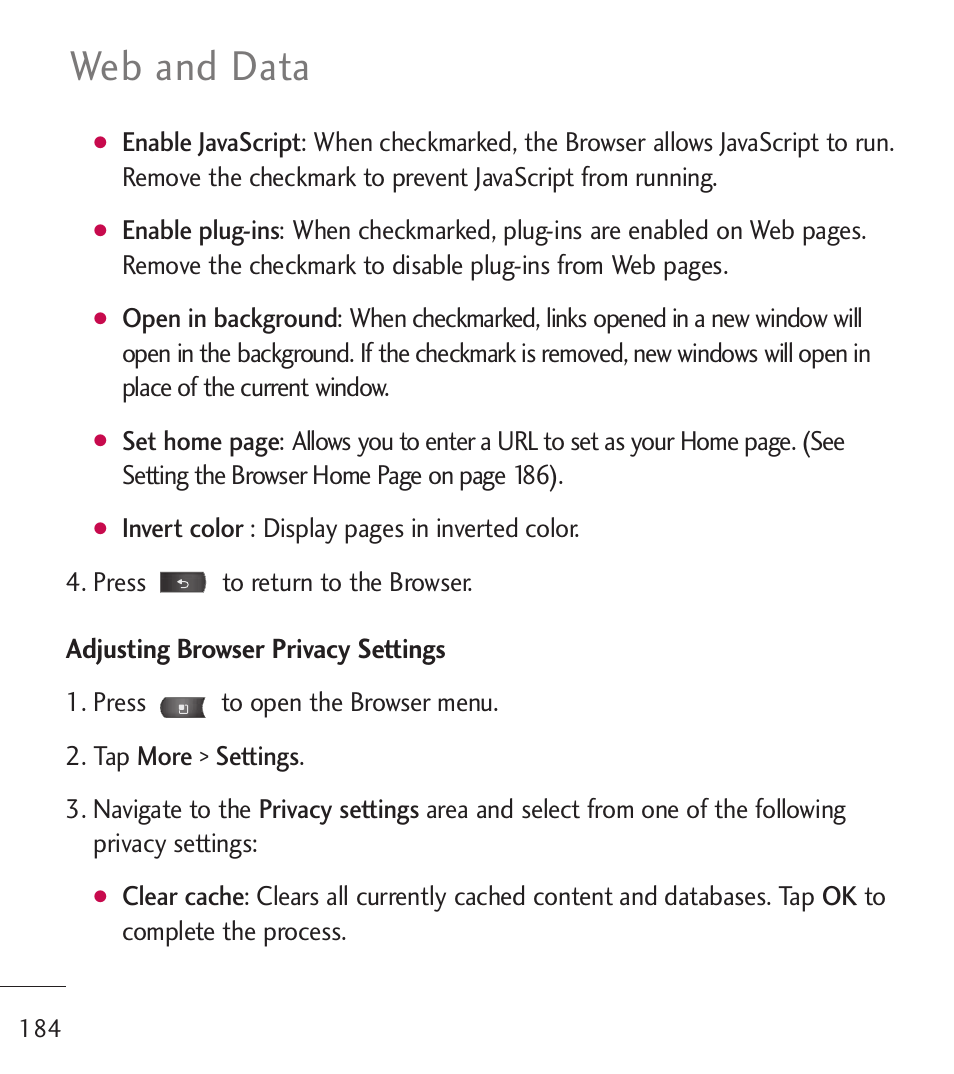 Web and data | LG LGL55C User Manual | Page 186 / 506