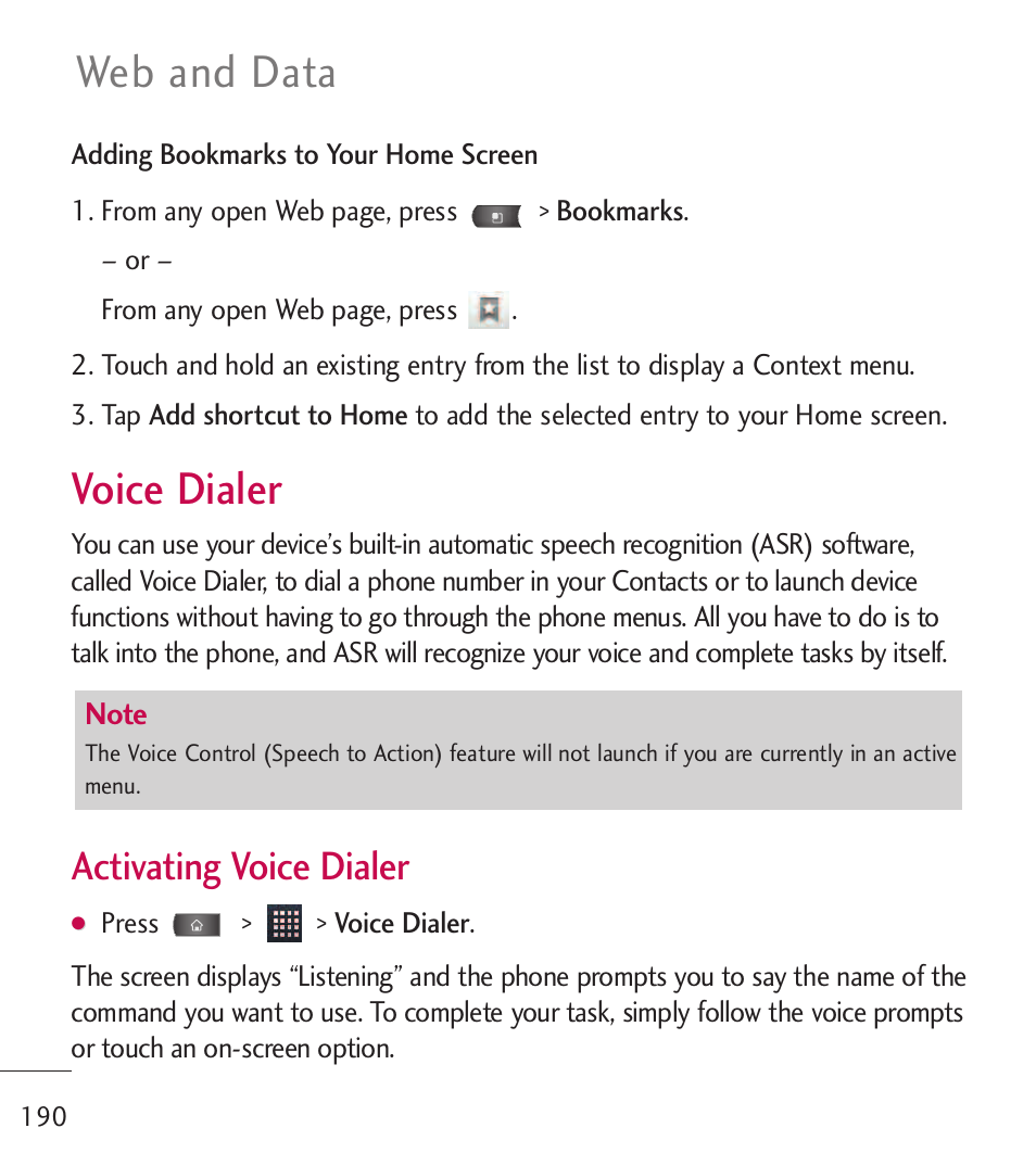 Voice dialer, Web and data, Activating voice dialer | LG LGL55C User Manual | Page 192 / 506