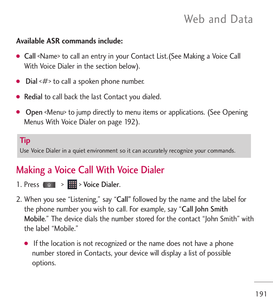 Web and data, Making a voice call with voice dialer, Available asr commands include | LG LGL55C User Manual | Page 193 / 506