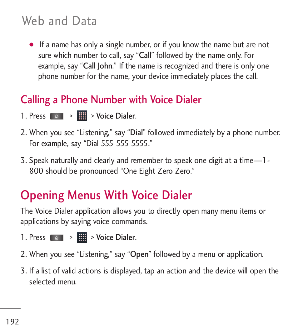 Opening menus with voice di, Opening menus with voice, Dialer | Opening menus with voice dialer, Web and data, Calling a phone number with voice dialer | LG LGL55C User Manual | Page 194 / 506