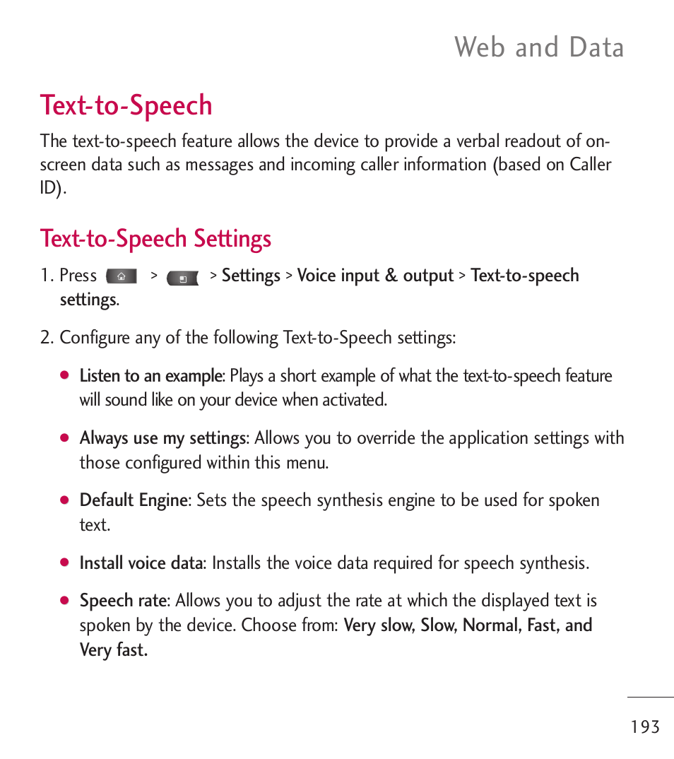 Text-to-speech, Web and data, Text-to-speech settings | LG LGL55C User Manual | Page 195 / 506