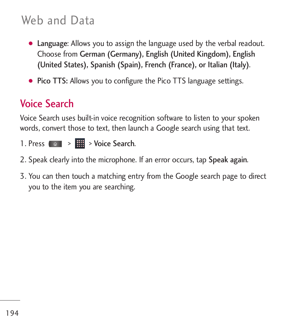 Web and data, Voice search | LG LGL55C User Manual | Page 196 / 506