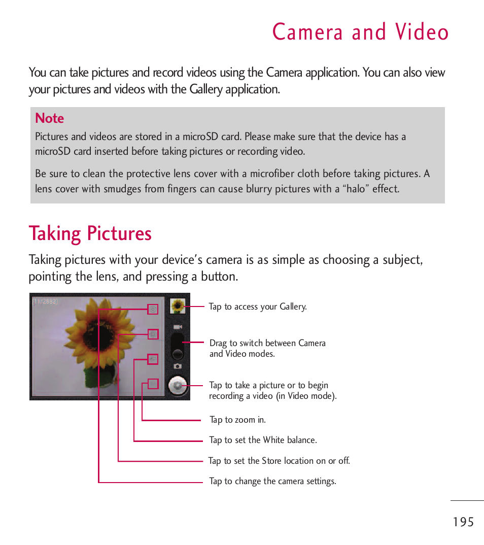 Camera and video, Taking pictures | LG LGL55C User Manual | Page 197 / 506