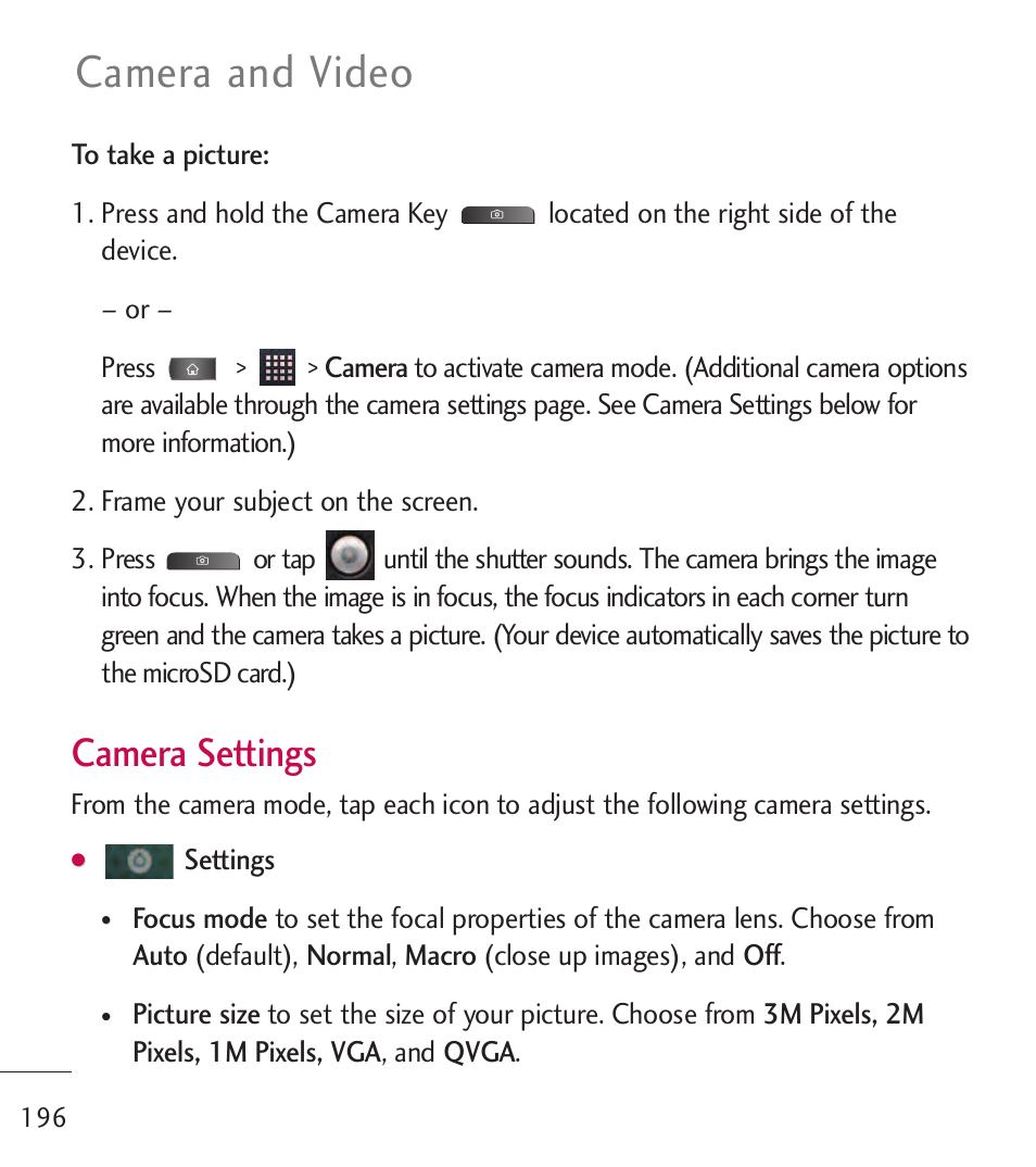 Camera and video, Camera settings | LG LGL55C User Manual | Page 198 / 506