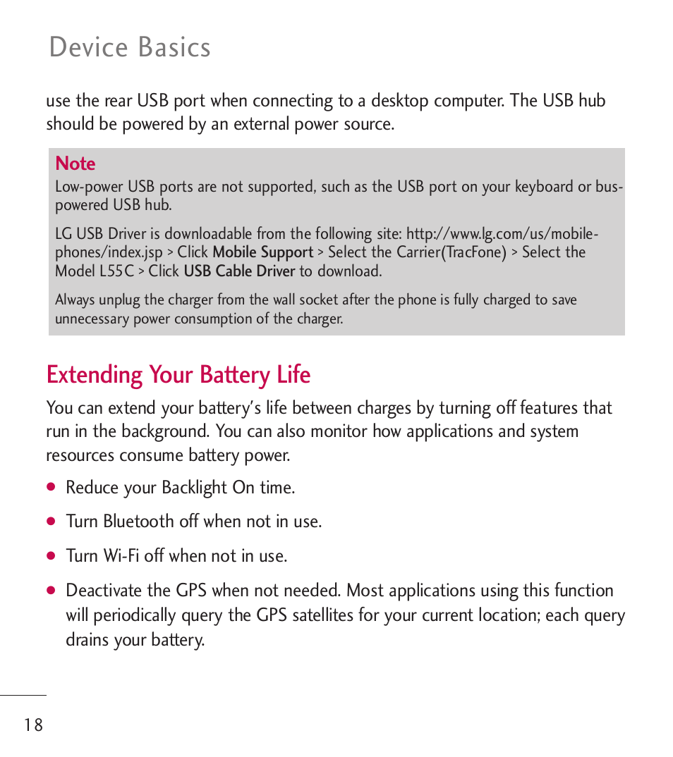 Device basics, Extending your battery life | LG LGL55C User Manual | Page 20 / 506