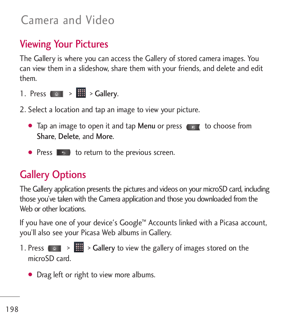 Camera and video, Viewing your pictures, Gallery options | LG LGL55C User Manual | Page 200 / 506