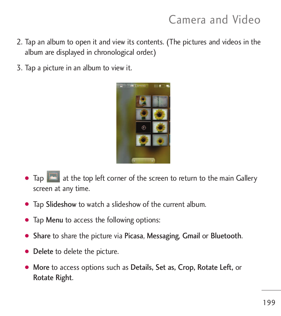 Camera and video, Tap menu to access the following options, Delete to delete the picture | LG LGL55C User Manual | Page 201 / 506