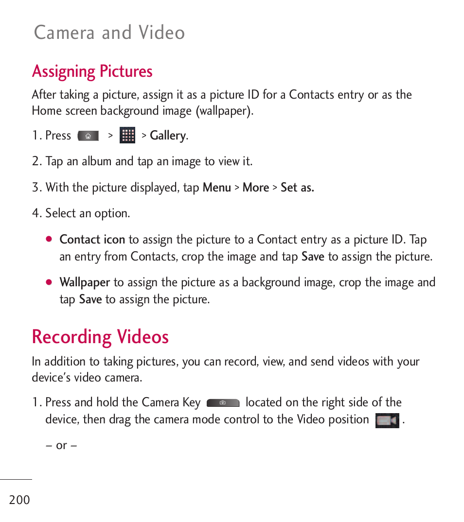 Recording videos, Camera and video, Assigning pictures | LG LGL55C User Manual | Page 202 / 506