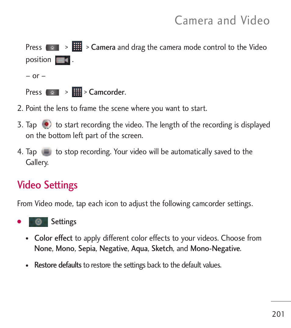 Camera and video, Video settings | LG LGL55C User Manual | Page 203 / 506