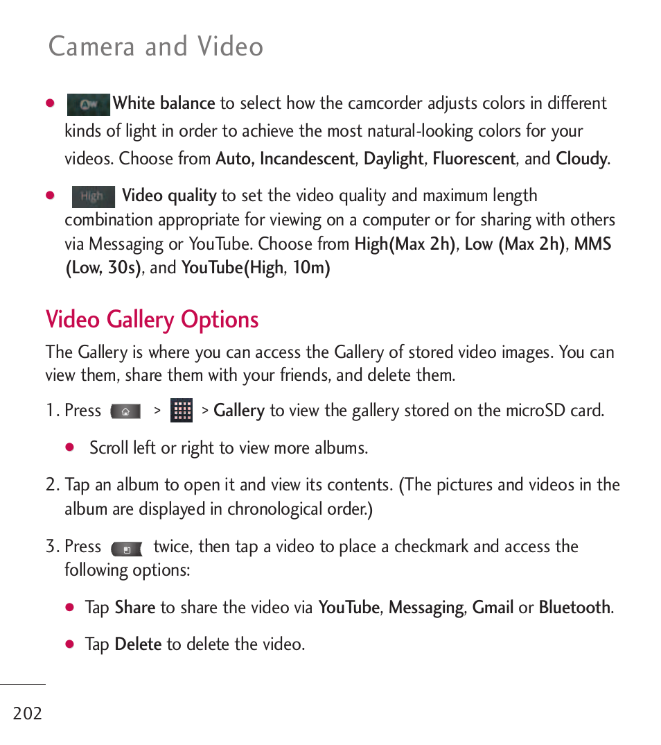 Camera and video, Video gallery options | LG LGL55C User Manual | Page 204 / 506