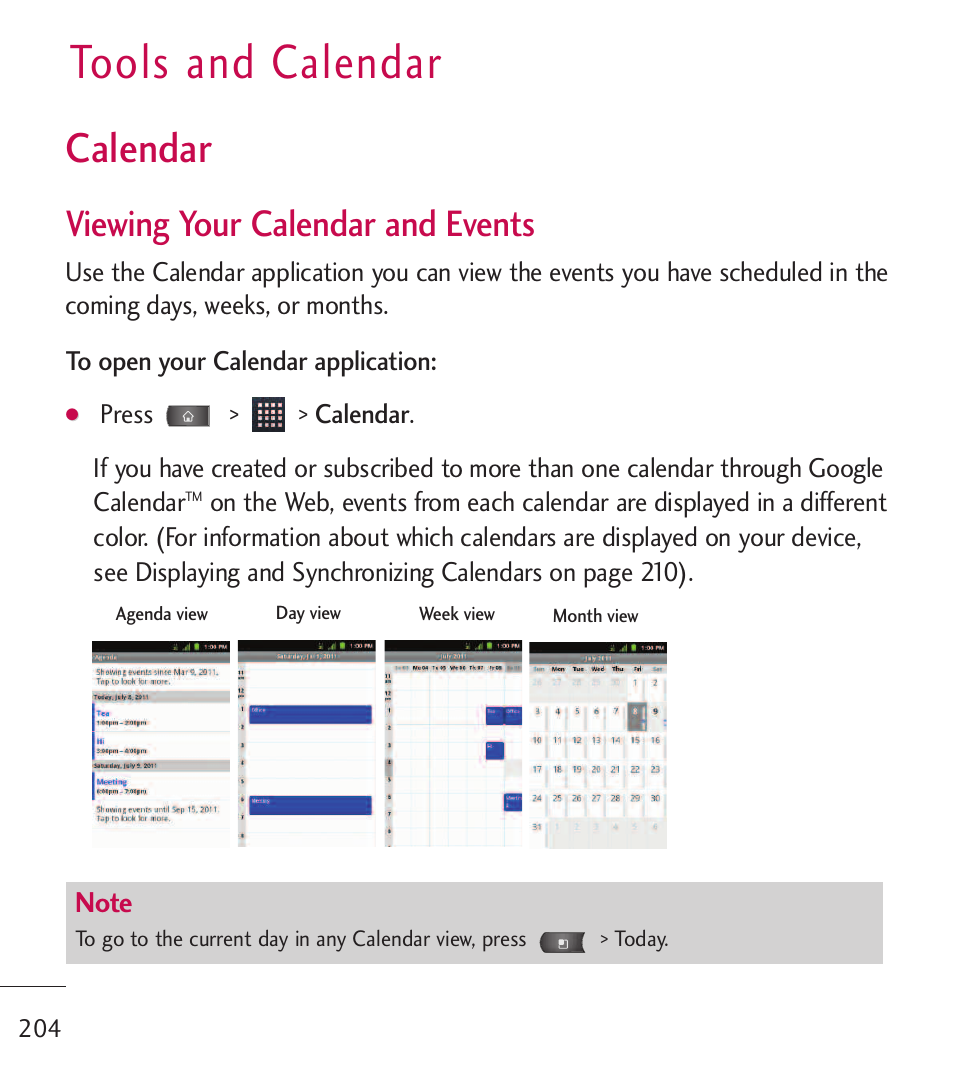 Tools and calendar, Calendar, Viewing your calendar and events | LG LGL55C User Manual | Page 206 / 506